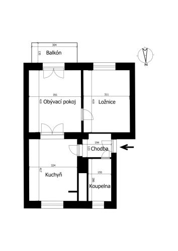 Byt 2+1 Přerov Jižní - půdorys rozměry